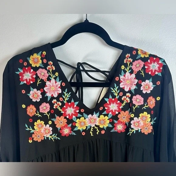 Savanna Jane Black Dress with Pink and Red Floral Embroidery Boho Midi - Picture 4 of 7